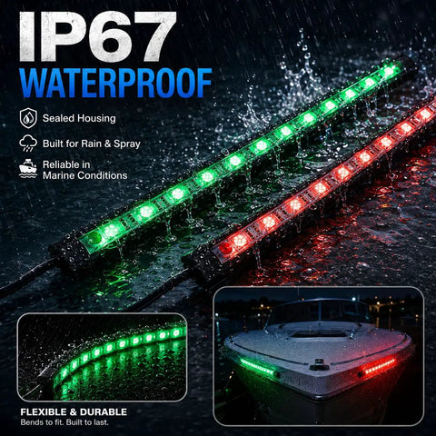 Bow Navigation Lights For Boats Adhesive Install No Drilling Marine Night Fishing Light With Germany 5050 LED Chips Delivers Five Mile Visibility For Pontoon Bass Boats Jon Boats Jet Ski And Kayak in action showing waterproof feature and red/green lights on boat.