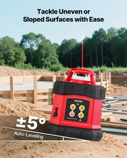 Rotary Laser Level Kit With 984 Ft Range, 360 Degree Self Leveling Red Horizontal Laser Transit For Construction Sites, Tripod, Receiver, Remote, Scale, Case, IP54 Waterproof, 0.12 In Per 100 Ft Precision, Must Have Pro Grade Setup on sloped ground