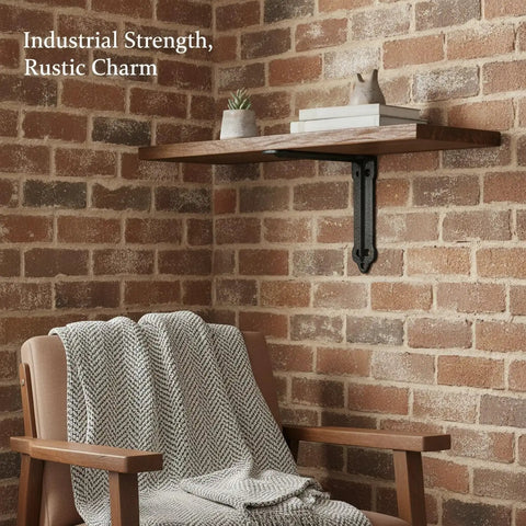 Sturdy Matte Black Iron Floating Shelf Bracket For Industrial Rustic Wall Decor Heavy Duty Shelf Support mounted on brick wall