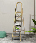 Six Step Folding Ladder For 12 Foot Ceilings Aluminum Stepladder With Gold Finish Portable Stool With Shelf EZ Fold And Store Ideal For Kitchen Bedroom Library Classroom And Even Doubles As Flower Stand, gold aluminum foldout ladder with shelves