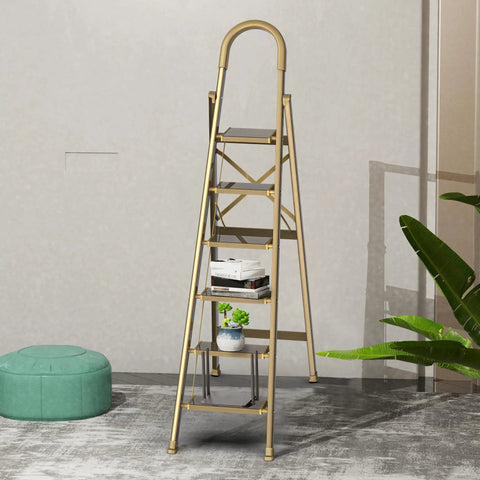 Six Step Folding Ladder For 12 Foot Ceilings Aluminum Stepladder With Gold Finish Portable Stool With Shelf EZ Fold And Store Ideal For Kitchen Bedroom Library Classroom And Even Doubles As Flower Stand, gold aluminum foldout ladder with shelves