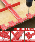 Premium Extended Cabinet Hardware Jig Kit For 32 Inch And 16 Inch Drawers With Heavy Duty Aluminum Build To Speed Up Installations Without Measuring Hassle For Easy DIY Remodeling Projects Right Now, red aluminum jig on wood with drill guide