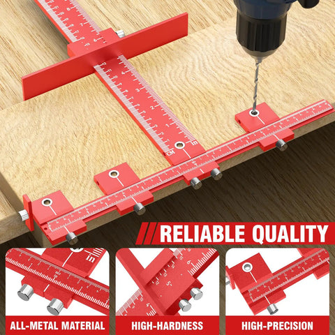 Premium Extended Cabinet Hardware Jig Kit For 32 Inch And 16 Inch Drawers With Heavy Duty Aluminum Build To Speed Up Installations Without Measuring Hassle For Easy DIY Remodeling Projects Right Now, red aluminum jig on wood with drill guide