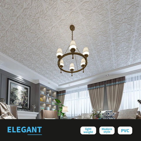 Dope Drop Ceiling Upgrade Kit With Decorative 2x2 Tile Set in Spanish Floral Matte White on living room ceiling