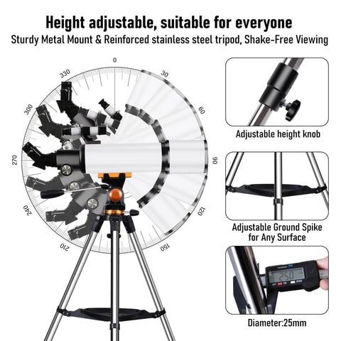 High Powered 90mm Aperture 600mm Focal Length Telescope For Grownups with Metal Mount and Stainless Steel Tripod features
