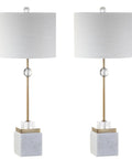 30 Inch White Marble And Brass Gold LED Table Lamp Set Of 2 Modern Glam Crystal Pedestal Lamps For Living Room Or Bedroom White Linen Shade Energy Efficient LED Bulbs Included