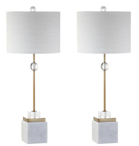 30 Inch White Marble And Brass Gold LED Table Lamp Set Of 2 Modern Glam Crystal Pedestal Lamps For Living Room Or Bedroom White Linen Shade Energy Efficient LED Bulbs Included