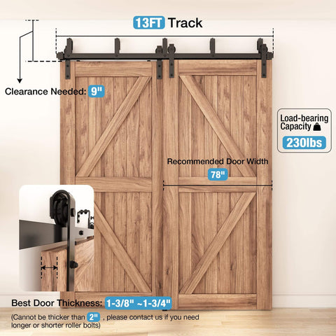 13 Foot Double Track Bypass Sliding Barn Door Hardware Kit For Two Doors With J Shape Hangers installed on wooden doors