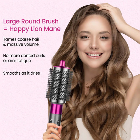 Woman using Upgraded Large Round Brush Attachment For Dyson Airwrap Rose Color for smooth, frizz-free hairstyling.