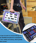 Person holding a 170-Piece Quick Connect Air Hose Fittings Kit With 1/8, 1/4, 5/16, 3/8, 1/2 Inch And 4, 6, 8, 10, 12 Mm Straight Push To Connect Pneumatic Fittings, Quick Release Air Line Fittings For Air Compressors And DIY Projects case.