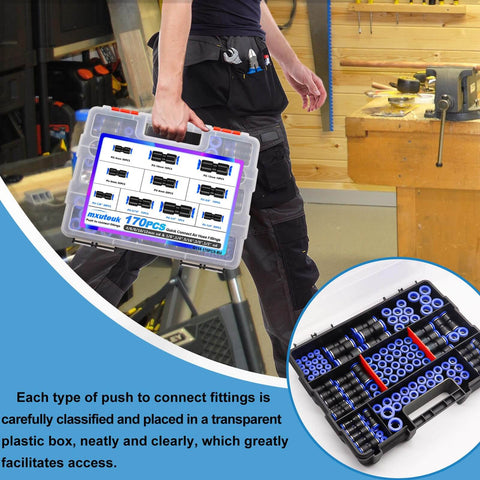 Person holding a 170-Piece Quick Connect Air Hose Fittings Kit With 1/8, 1/4, 5/16, 3/8, 1/2 Inch And 4, 6, 8, 10, 12 Mm Straight Push To Connect Pneumatic Fittings, Quick Release Air Line Fittings For Air Compressors And DIY Projects case.