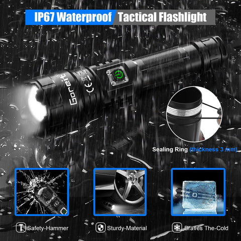 Ultra Bright 10000 Lumen USB Rechargeable Flashlight With XHP70.2 LED showing waterproof design and durable build features