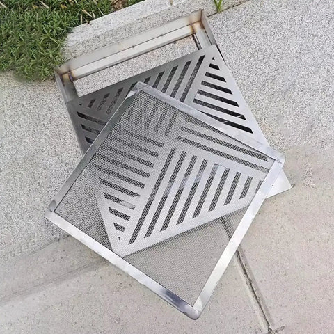 Heavy Duty Square Stainless Steel Drain Grate With Fast Draining Strainer Mesh Catch Basin Filter on pavement.