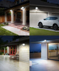 Outdoor Solar Flood Light 6500K Cool White Dope Bright Light illuminating 40x40 feet areas on porch, garage, patio, and yard.