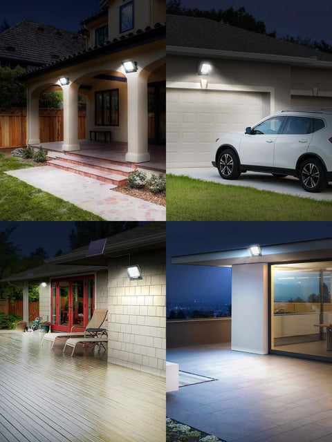 Outdoor Solar Flood Light 6500K Cool White Dope Bright Light illuminating 40x40 feet areas on porch, garage, patio, and yard.