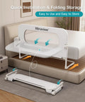 Ultra Sturdy Toddler Bed Rail Guard with U Shaped Base and Double Crossbar showing installation and folding feature on bed