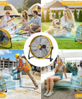 16 Inch Battery Powered Floor Fan With 2500 CFM High Velocity Airflow in various settings like camping, pets, and construction site.