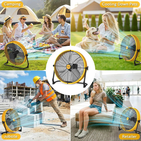 16 Inch Battery Powered Floor Fan With 2500 CFM High Velocity Airflow in various settings like camping, pets, and construction site.
