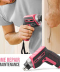 Man using pink 35 piece cordless tool kit with 3.6V USB electric screwdriver set for women, lightweight home repair kit for assembly