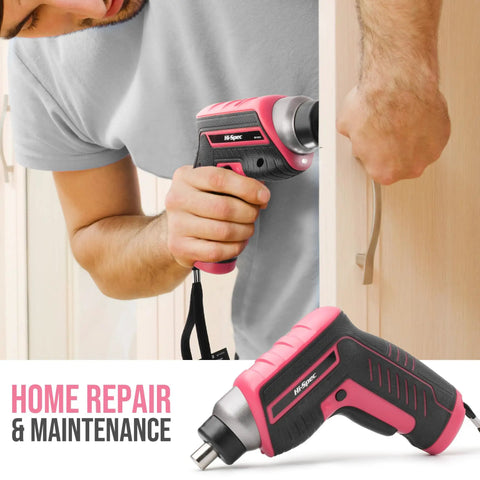 Man using pink 35 piece cordless tool kit with 3.6V USB electric screwdriver set for women, lightweight home repair kit for assembly