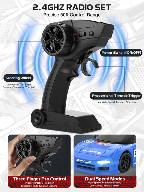 2.4GHz remote control for 1 To 64 Scale Mini RC Drift Car With LED Lights, featuring dual modes and ergonomic design