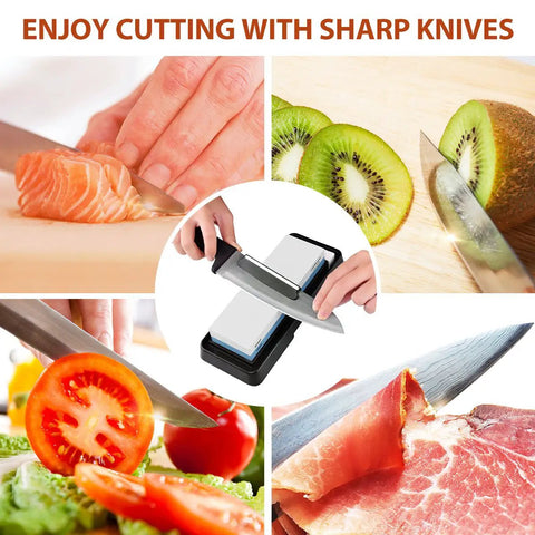 Pro-Grade Knife Sharpening Stone Set with Dual Sided 1000/6000 Grit Waterstone sharpening a kitchen knife, surrounded by images of slicing food.