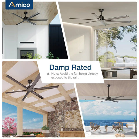 Collage of 100 Inch Ceiling Fan Without Lights With Remote Control for Indoor Outdoor Use in different settings.