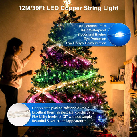 Christmas tree decorated with colorful 12M LED copper string lights showing low energy consumption benefits.