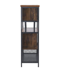 Built Different Industrial Bar Cabinet Featuring Dedicated Wine Rack For Stashing Liquor And Glassware Perfect For Kitchen Sideboards Or Entryway Organizers That Bring Serious Style vertical view of cabinet with wood top and metal mesh sides.
