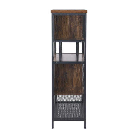Built Different Industrial Bar Cabinet Featuring Dedicated Wine Rack For Stashing Liquor And Glassware Perfect For Kitchen Sideboards Or Entryway Organizers That Bring Serious Style vertical view of cabinet with wood top and metal mesh sides.