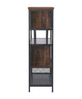 Industrial Wood And Metal Bar Cabinet With Built In Wine Rack For Liquor And Glasses side view showing solid wood and metal frame.