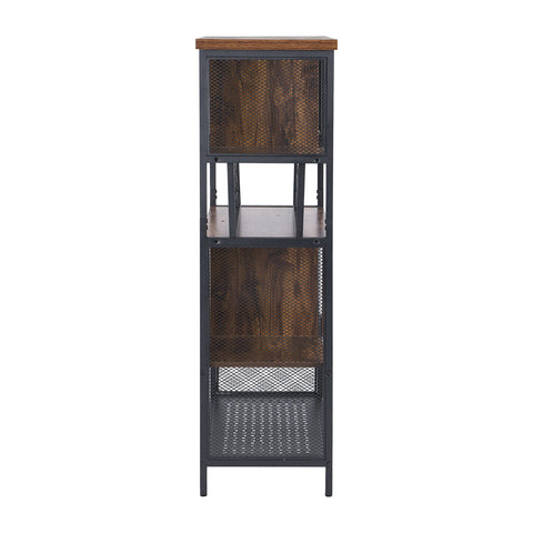 Industrial Wood And Metal Bar Cabinet With Built In Wine Rack For Liquor And Glasses side view showing solid wood and metal frame.