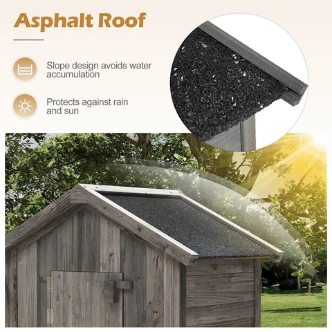Outdoor Wooden Storage Shed With Tall Vertical Tool Cabinet Folding Table And Removable Shelves For Your Patio Deck Backyard And Lawn Grey Finish 30x20x70 Inches with a sloped asphalt roof detail
