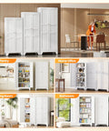 71 Inch Tall White Freestanding Kitchen Cabinet with two doors and four adjustable shelves in various home settings.