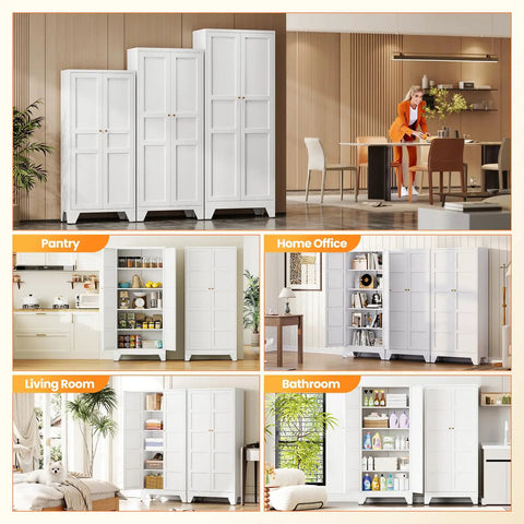 71 Inch Tall White Freestanding Kitchen Cabinet with two doors and four adjustable shelves in various home settings.