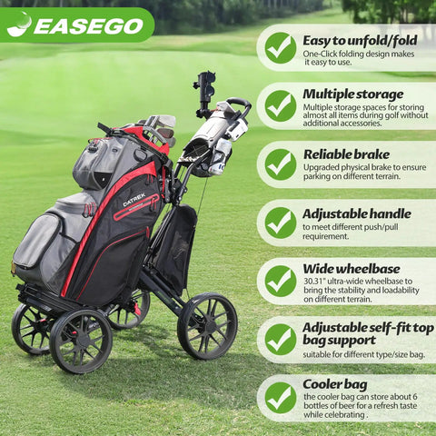 Link Ready Four Wheel Golf Push Cart All Terrain Walking Caddy With Beast Mode Slope Stability on green grass with storage pockets.