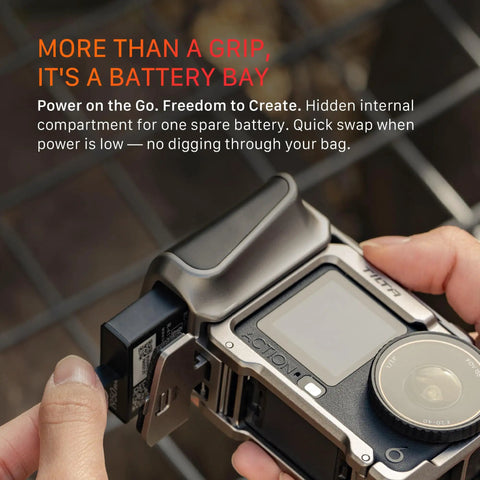 Person inserting battery into DJI Osmo Action 6 Street Snap Kit Camera Cage with Quick Release Hand Grip.