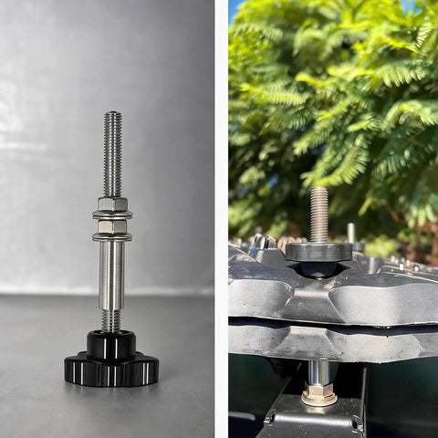 Recovery Board Mounting Kit With 5.51 Inch Locking Pins for traction boards, showing installation on roof rack and detailed pin view.