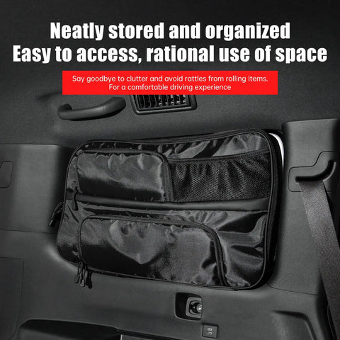 Toyota Land Cruiser Rear Side Window Hanging Bag Organizer for LC250 Prado, black canvas, attached to interior window.