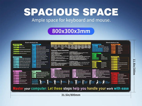 Cheat Sheet Desk Pad With Excel And Word Shortcuts, 12 Essential Skills, Large 31.5 By 11.8 Inch, Waterproof Anti Slip Keyboard And Mouse Mat For Work Study Gaming