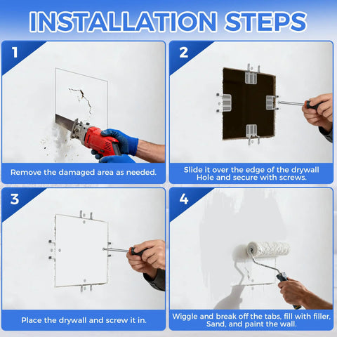 Installation steps for 20 Pack Drywall Repair Clips With 40 Stainless Steel Screws fits half and five eighth inch panels.