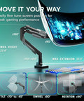 Heavy Duty Monitor Arm for 24 to 57 Inch Screens showing height and swivel adjustments for optimal viewing angles.