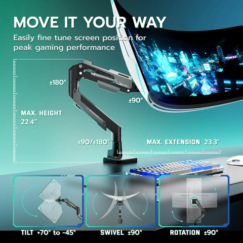Heavy Duty Monitor Arm for 24 to 57 Inch Screens showing height and swivel adjustments for optimal viewing angles.