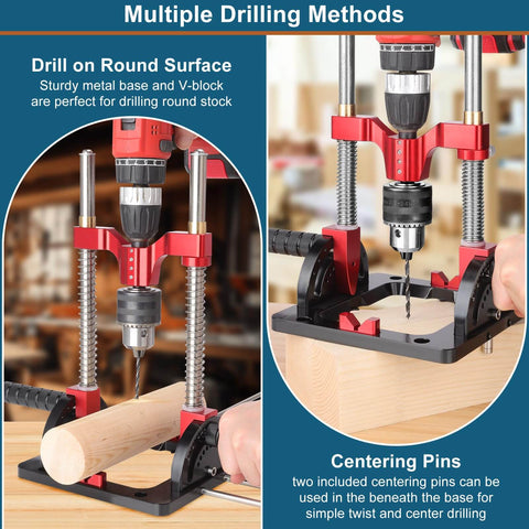 Image showing the Upgraded Portable Drill Guide for Precise Straight Holes, Adjustable from Zero to Sixty Degrees in use on wood.