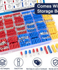 All In One 1520Pcs Electrical Crimp Connectors Kit with insulated wire terminals in storage box, color-coded for easy identification.