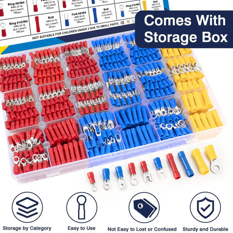 All In One 1520Pcs Electrical Crimp Connectors Kit with insulated wire terminals in storage box, color-coded for easy identification.