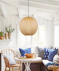 Boho Bamboo Pendant Light With Round Wicker Basket Shade Handwoven Ceiling Lamp for kitchen island and living room decor.