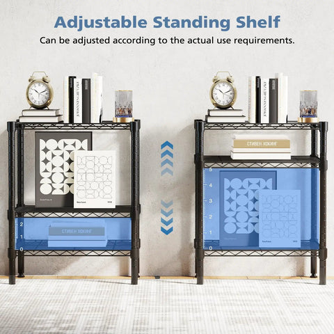 Image of adjustable Three-Tier Metal Wire Storage Shelves For Kitchen Garage And Pantry, books and clocks displayed.