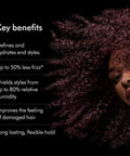 Chitosan Post Style Hair Serum benefits listed beside a woman's curly hair.