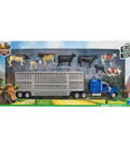 Country Life Die Cast Truck And Trailer Livestock Playset With Ten Cattle For Realistic Rural Farm Fun And Imaginative Play Ages Eight Plus Includes Free Wheeling Farm Vehicles And Opening Rear Door For Easy Loading And Unloading, showing truck, trailer, and cattle.